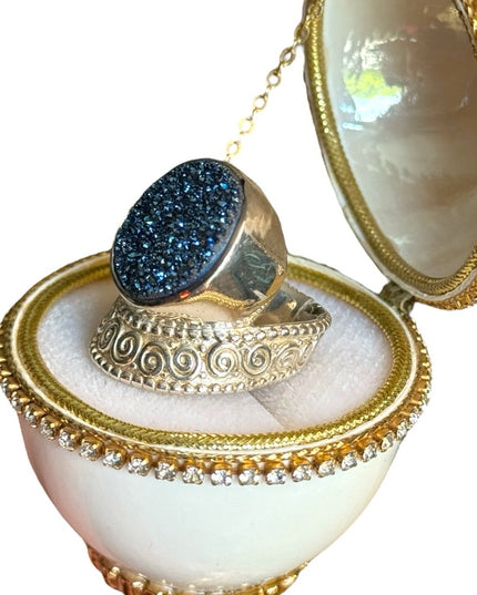 Sajen sterling silver 925 blue DRUZY crown majestic Bali swirl work ring