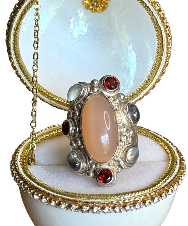 Sajen sterling silver 925 substancial Bali Agate garnet moonstone designer ring