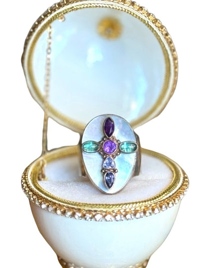 Sajen sterling silver 925 multi gemstone MOP pearl Cross religious ring