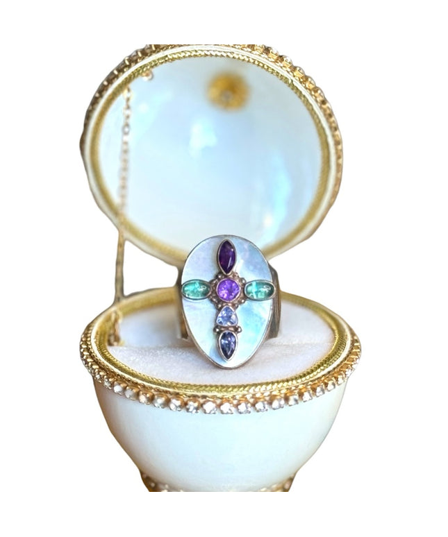 Sajen sterling silver 925 multi gemstone MOP pearl Cross religious ring