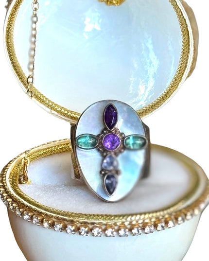 Sajen sterling silver 925 multi gemstone MOP pearl Cross religious ring