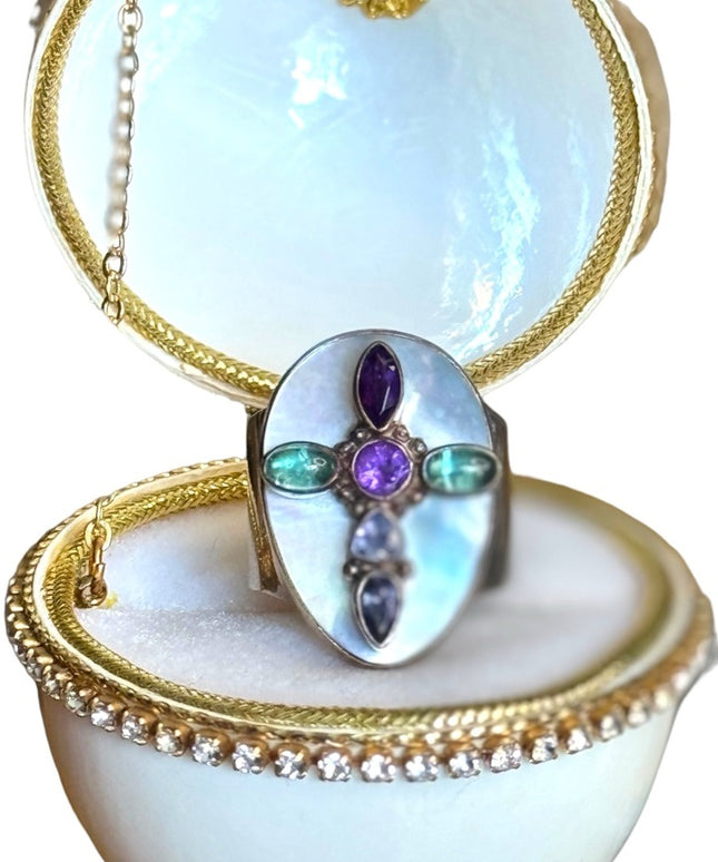 Sajen sterling silver 925 multi gemstone MOP pearl Cross religious ring