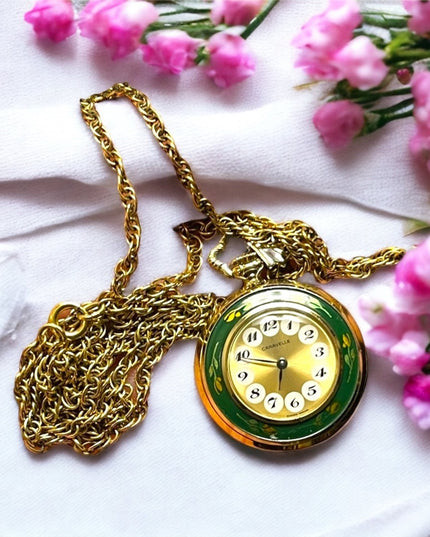 Vintage Caravelle Necklace watch green enamel bird flowers
