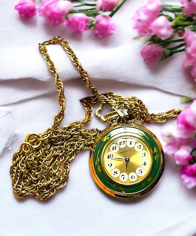 Vintage Caravelle Necklace watch green enamel bird flowers