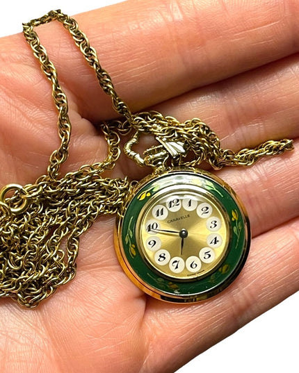Vintage Caravelle Necklace watch green enamel bird flowers