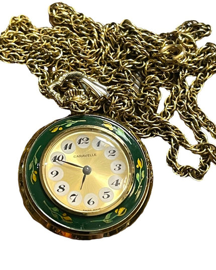 Vintage Caravelle Necklace watch green enamel bird flowers