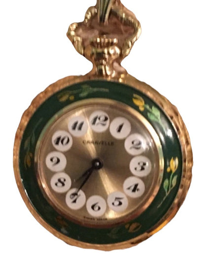 Vintage Caravelle Necklace watch green enamel bird flowers