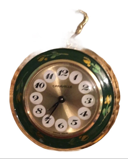 Vintage Caravelle Necklace watch green enamel bird flowers