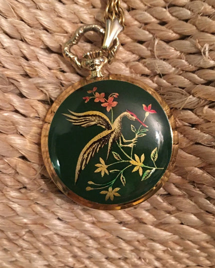 Vintage Caravelle Necklace watch green enamel bird flowers