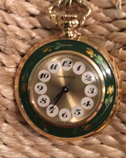 Vintage Caravelle Necklace watch green enamel bird flowers