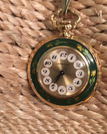 Vintage Caravelle Necklace watch green enamel bird flowers