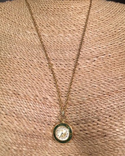 Vintage Caravelle Necklace watch green enamel bird flowers