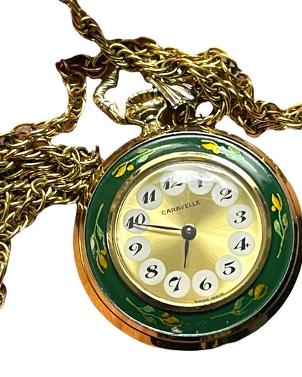 Vintage Caravelle Necklace watch green enamel bird flowers