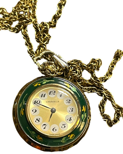 Vintage Caravelle Necklace watch green enamel bird flowers