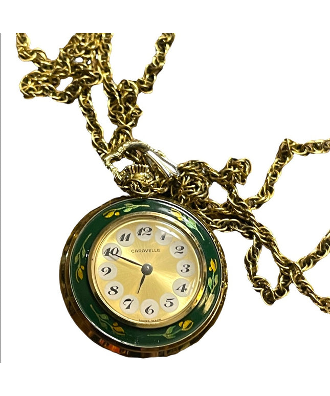 Vintage Caravelle Necklace watch green enamel bird flowers