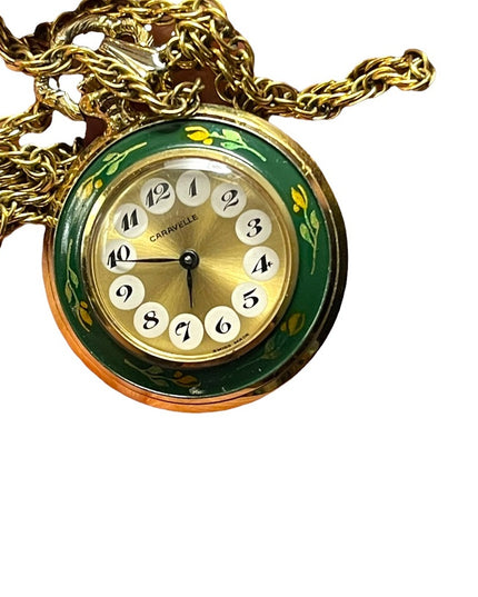 Vintage Caravelle Necklace watch green enamel bird flowers