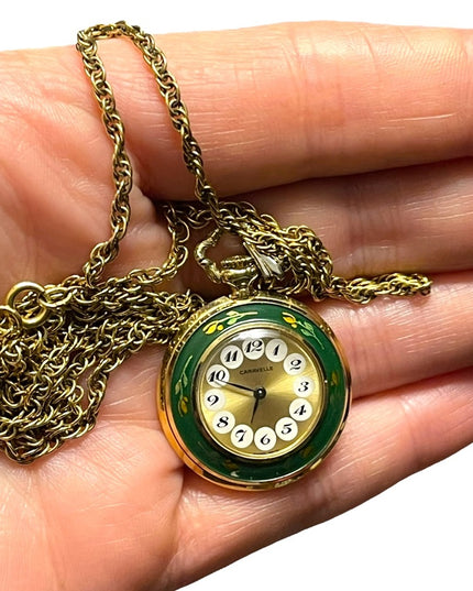 Vintage Caravelle Necklace watch green enamel bird flowers