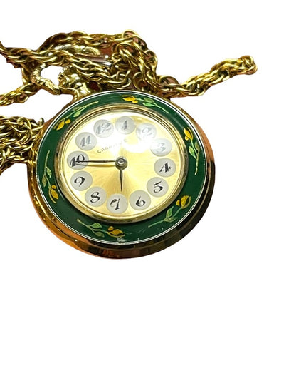 Vintage Caravelle Necklace watch green enamel bird flowers