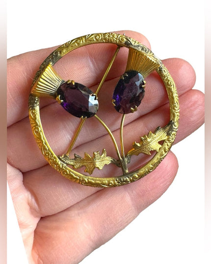 Vintage Ward Bros Gold plate SCOTTISH Thistle large brooch sim amethyst