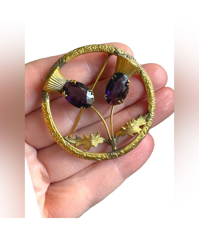 Vintage Ward Bros Gold plate SCOTTISH Thistle large brooch sim amethyst