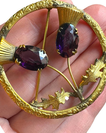 Vintage Ward Bros Gold plate SCOTTISH Thistle large brooch sim amethyst