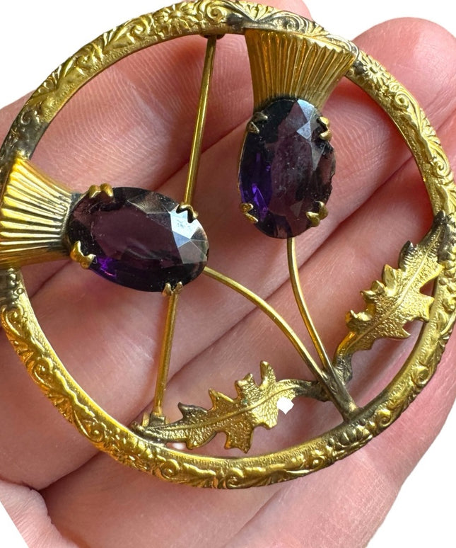 Vintage Ward Bros Gold plate SCOTTISH Thistle large brooch sim amethyst