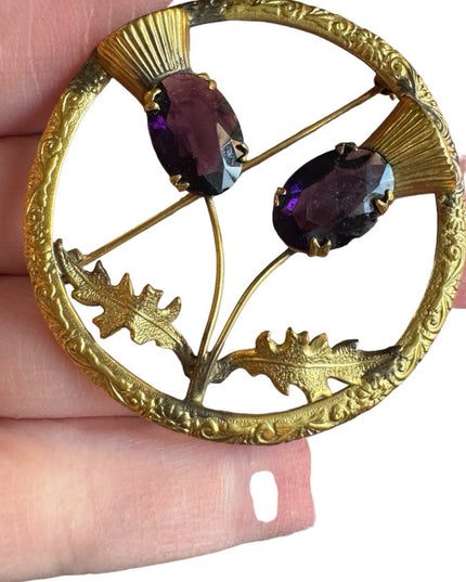 Vintage Ward Bros Gold plate SCOTTISH Thistle large brooch sim amethyst