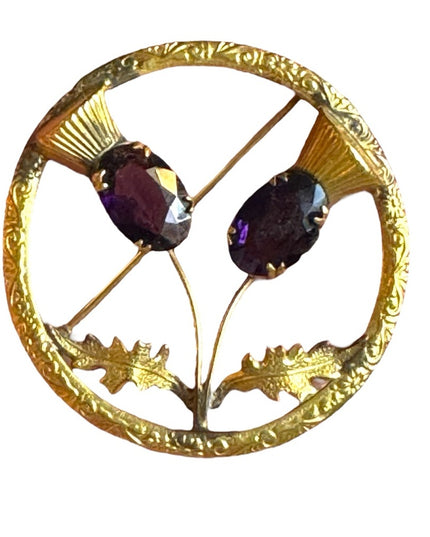 Vintage Ward Bros Gold plate SCOTTISH Thistle large brooch sim amethyst