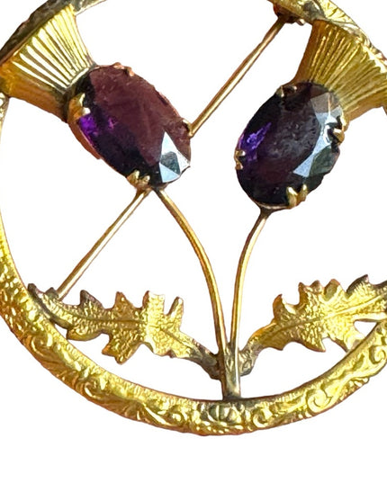 Vintage Ward Bros Gold plate SCOTTISH Thistle large brooch sim amethyst