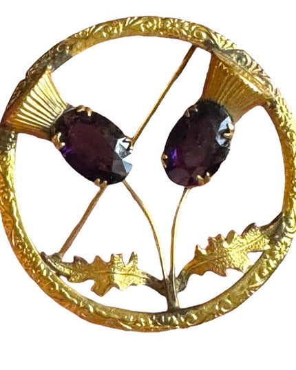 Vintage Ward Bros Gold plate SCOTTISH Thistle large brooch sim amethyst