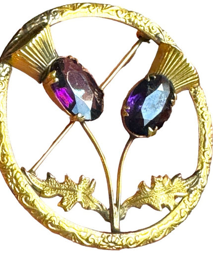 Vintage Ward Bros Gold plate SCOTTISH Thistle large brooch sim amethyst