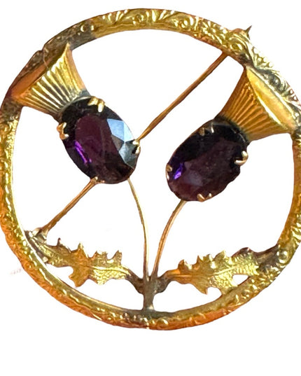 Vintage Ward Bros Gold plate SCOTTISH Thistle large brooch sim amethyst