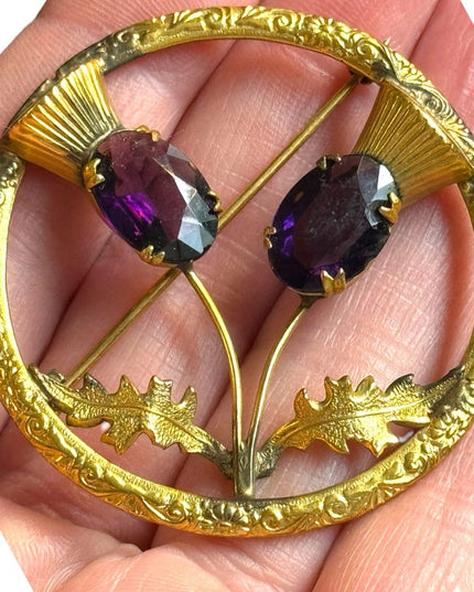 Vintage Ward Bros Gold plate SCOTTISH Thistle large brooch sim amethyst