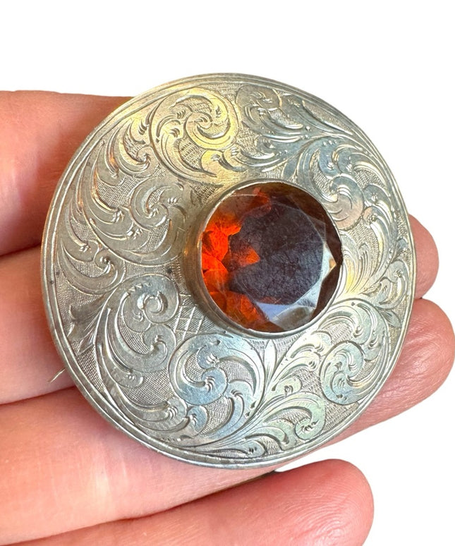 LG Antique Victorian Scottish Plaidie Brooch silver etched scrollwork kilt pin