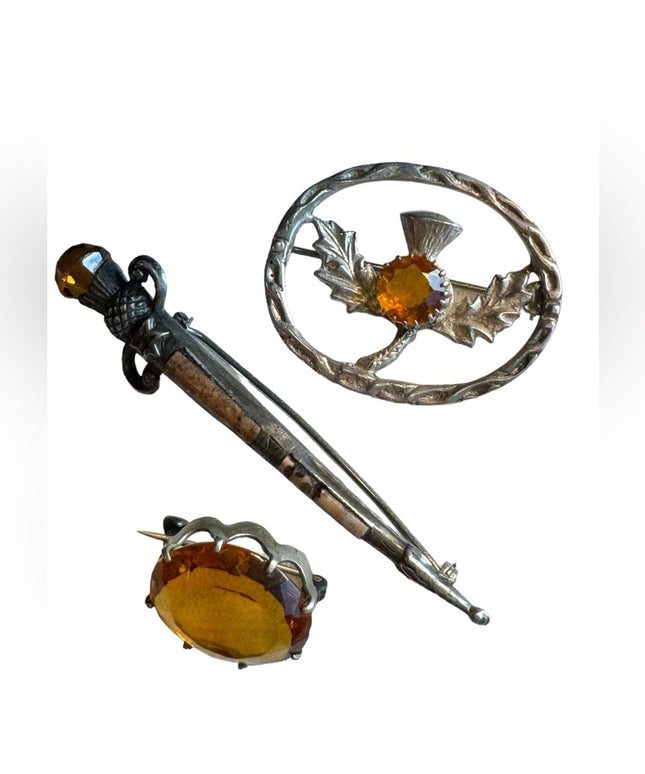 Lot of 3 pcs Antique Scottish Thistle silver kilt brooch pins Victorian