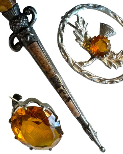 Lot of 3 pcs Antique Scottish Thistle silver kilt brooch pins Victorian