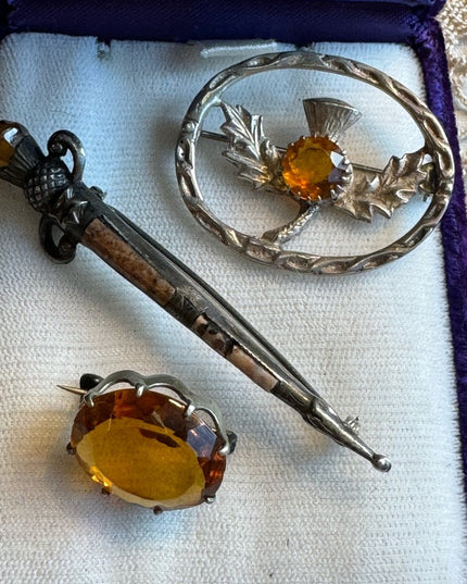 Lot of 3 pcs Antique Scottish Thistle silver kilt brooch pins Victorian