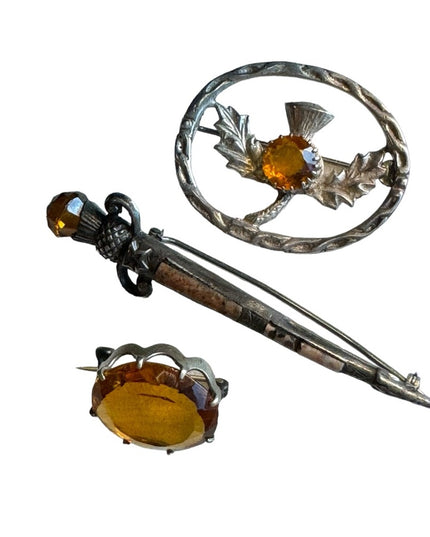 Lot of 3 pcs Antique Scottish Thistle silver kilt brooch pins Victorian