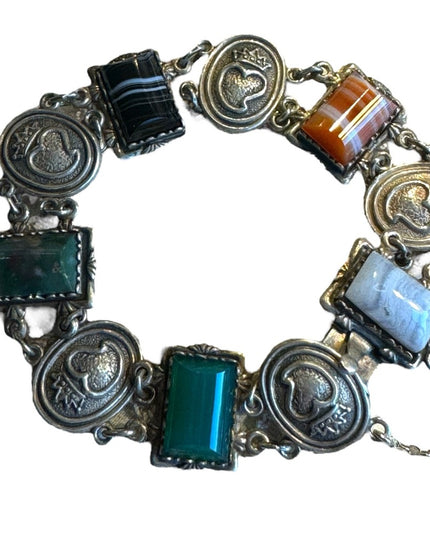 Scottish Sterling 1961 Silver and Agate Bracelet - Ward Brothers Heart & crown
