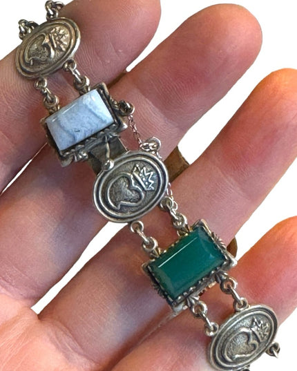 Scottish Sterling 1961 Silver and Agate Bracelet - Ward Brothers Heart & crown