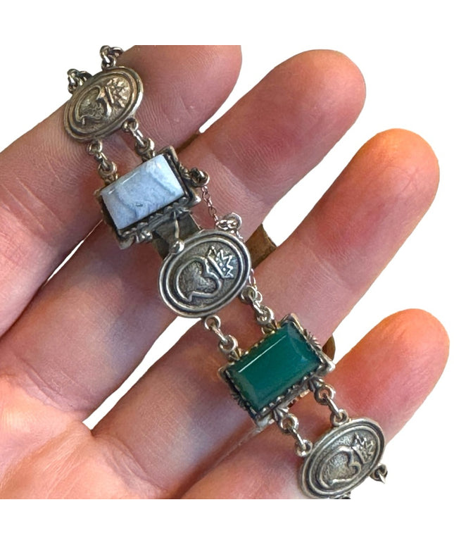 Scottish Sterling 1961 Silver and Agate Bracelet - Ward Brothers Heart & crown