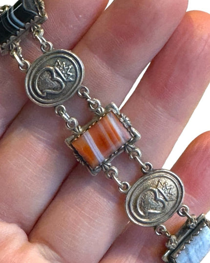 Scottish Sterling 1961 Silver and Agate Bracelet - Ward Brothers Heart & crown
