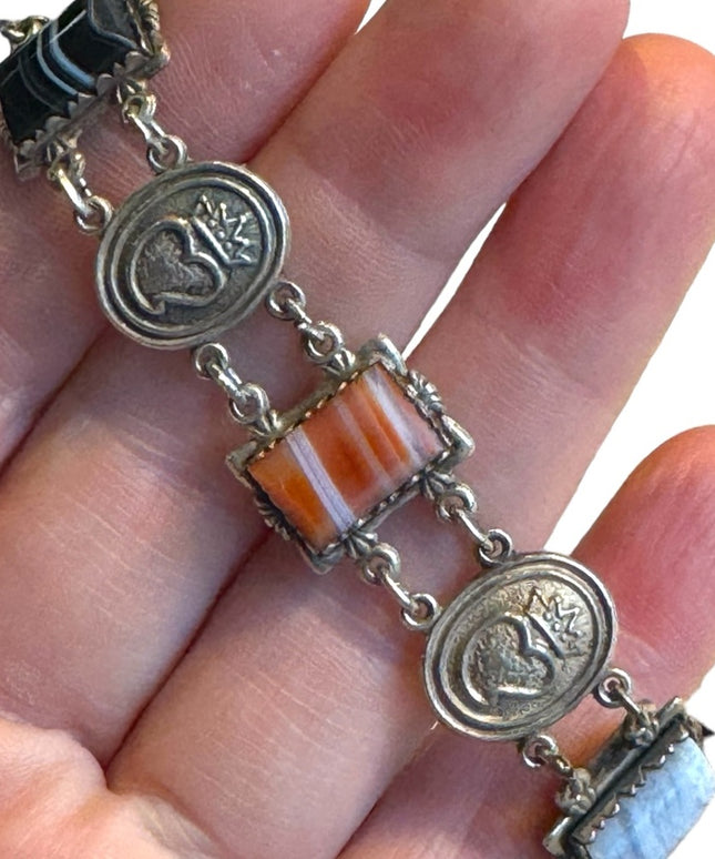 Scottish Sterling 1961 Silver and Agate Bracelet - Ward Brothers Heart & crown