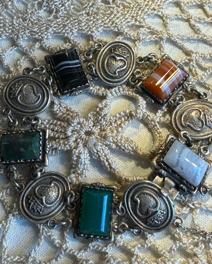 Scottish Sterling 1961 Silver and Agate Bracelet - Ward Brothers Heart & crown