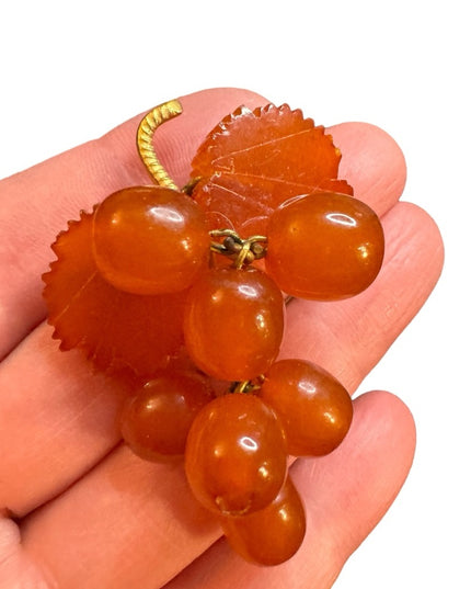 Vintage USSR honey amber brooch gold plt grapes