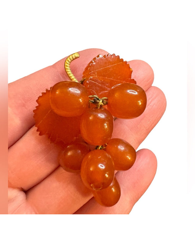 Vintage USSR honey amber brooch gold plt grapes