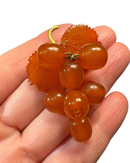 Vintage USSR honey amber brooch gold plt grapes