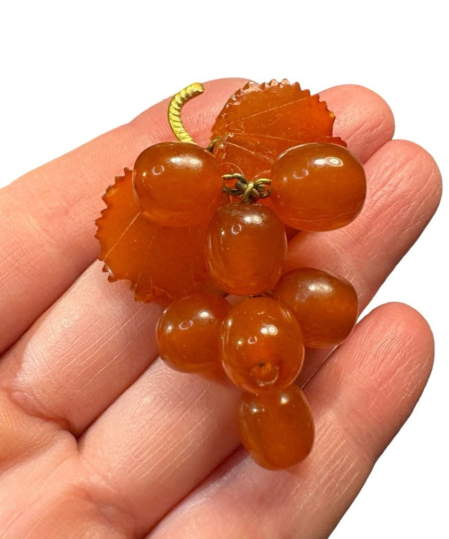 Vintage USSR honey amber brooch gold plt grapes
