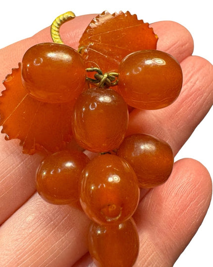 Vintage USSR honey amber brooch gold plt grapes