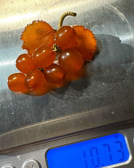 Vintage USSR honey amber brooch gold plt grapes